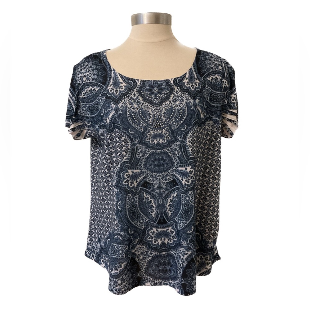 Style & Co. Blue and White Printed Tee Shirt Top Short Sleeve Ladies Size Large